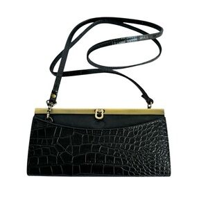 Vintage Buxton Cross Body Bag Wallet WOC Black Crocodile Embossed Leather 90s